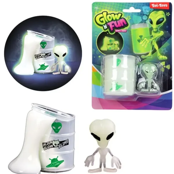 Glow'N Fun Slime Alien: Slime fluorescente in barile d'olio con figura di alieno immagine 2