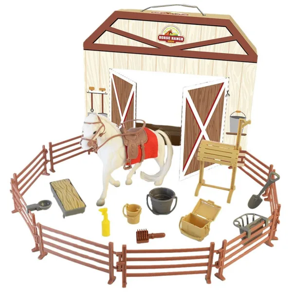 Luna: Gioco del Ranch dei Cavalli cavallo bianco con recinzione e accessori set di gioco 18 pezzi immagine 2