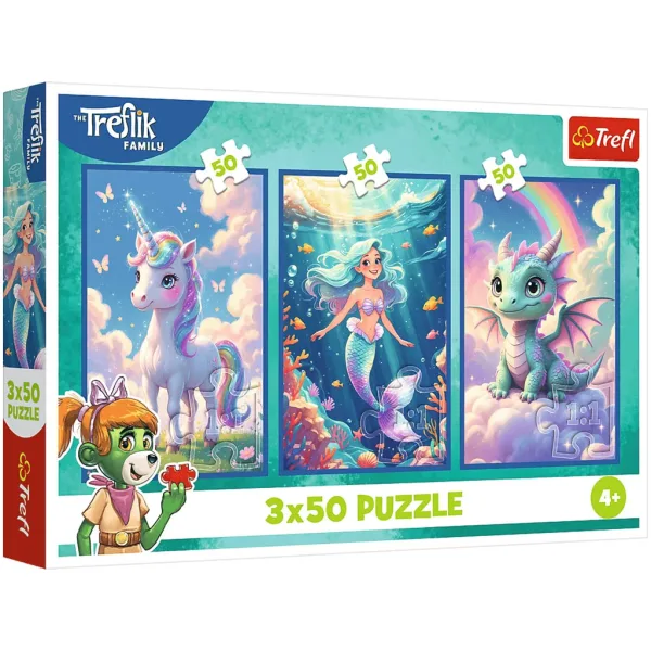 Mondo fiabesco colorato – puzzle da 3 x 50 pezzi con unicorno, sirena e drago – Trefl immagine 1