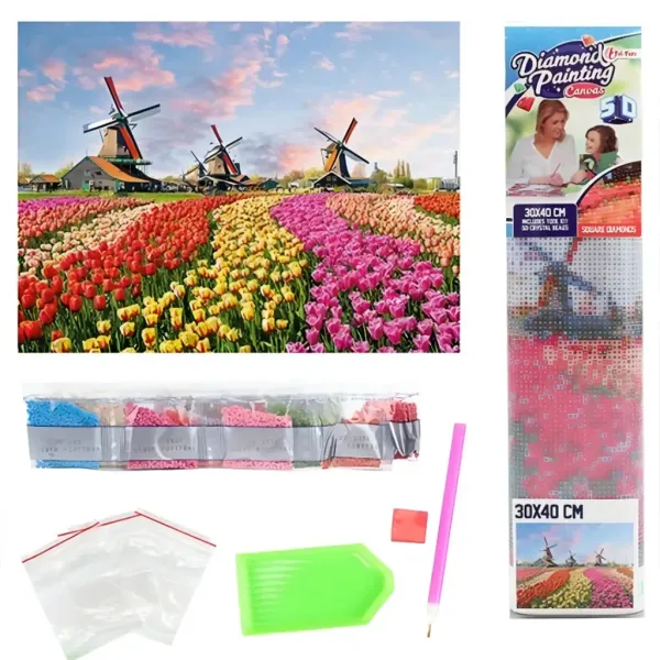Puzzle con diamanti: Set di pittura con diamanti campo di tulipani olandesi 30x40cm immagine 2