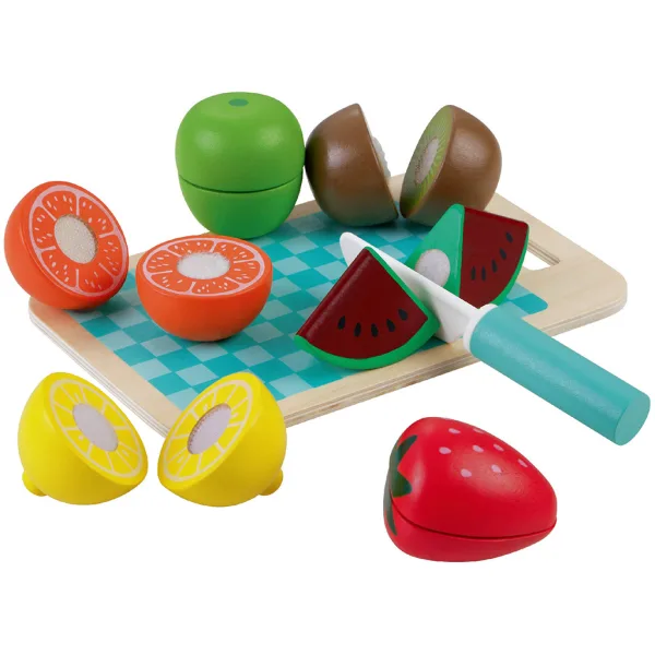 Set di frutta in legno da tagliare con tagliere e coltello immagine 1