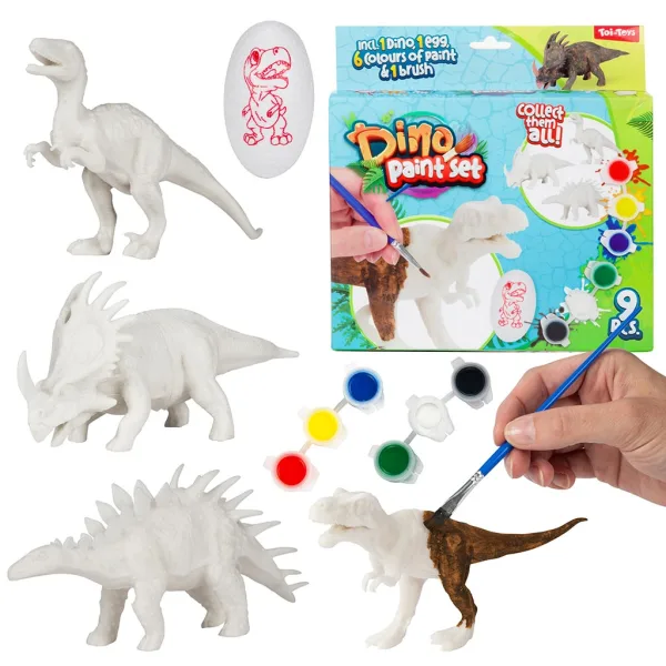 Set di pittura Dino: figura di dinosauro da dipingere con colori e pennello set da 9 pezzi immagine 1
