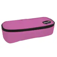 Astuccio ovale con cerniera di colore rosa, dimensioni 22x10x5 cm.