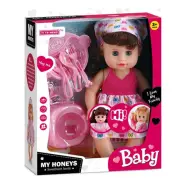 Bambola alimentabile con vestito rosa, vasino e accessori, con suoni.