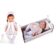 Bambola che fa pipì con vestito a quadri, suoni e lettino, 30 cm