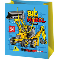 Borsa regalo grande Big Wheel con stampa di mezzi da lavoro 26x13x33cm