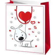 Borsa regalo media con motivo di cane con palloncini a forma di cuore 18x10x23cm