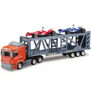Camion trasportatore di auto con due auto da corsa modellino 1/64 - Mondo Motors