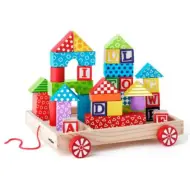 Carrello trainabile in legno ABC con blocchi da costruzione e cubi con lettere