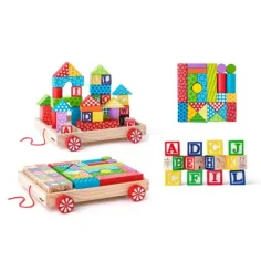 Carrello trainabile in legno ABC con blocchi da costruzione e cubi con lettere immagine 2