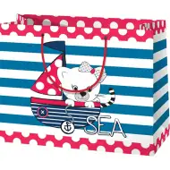Gatto in una barca a vela con una grande borsa regalo di dimensioni 27x14x33 cm.