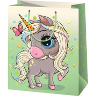 Grande borsa regalo verde con fantasia unicorno, esclusiva, 26x13x33 cm
