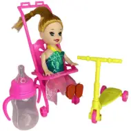 Katie: Sandra bambola con passeggino rosa, monopattino e biberon 10cm