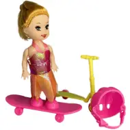Katie: Sandra bambola con skateboard rosa, monopattino e casco, 10 cm