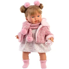 Llorens: Alexandra, bambola di 42 cm che piange con ciuccio e cappottino rosa.
