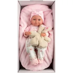 Llorens: Bambola neonato Nica di 40 cm con orsetto e lettino rosa immagine 3