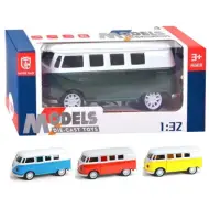 Modellino dauto in metallo Volkswagen T1 1/32 a retrocarica con porte apribili, luci e suoni in diverse varianti.