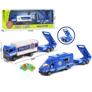 Modello di auto della polizia in metallo con rimorchio e carte veicolo 30 cm in tre varianti