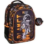 Must... Zaino scolastico da astronauta nero-arancione con angoli arrotondati, 3 scomparti, 32x18x43 cm