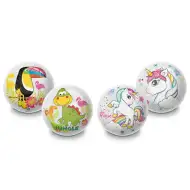 Palla di gomma glitterata con disegno di animali o unicorno 10 cm