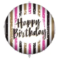 Palloncino in mylar per compleanno - con scritta "Happy Birthday", design a strisce oro-nero-rosa, 46 cm