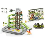 Parcheggio a quattro piani con dinosauri, figure e veicoli, set da 71 pezzi.