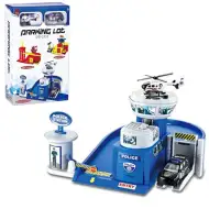 Parcheggio della polizia con auto e elicottero