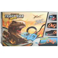Pista da corsa: Set pista da corsa con dinosauri con 2 loop a 360 gradi e 2 auto a retrocarica in scala 1/64