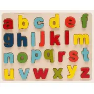 Puzzle in legno colorato con forme ad incastro, alfabeto minuscolo, set da 26 pezzi.