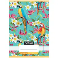 Quaderno cucito a righe formato A/5, 20-32 pagine, con copertina stampata con pappagalli.