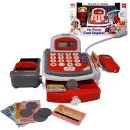 Registratore di cassa elettrico rosso con nastro trasportatore, prodotti e suoni