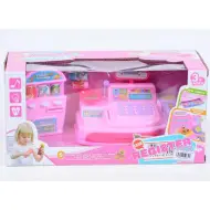 Registratore di cassa rosa con distributore automatico di bevande, luce e suono.