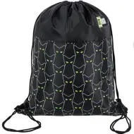 Sacca sportiva St.Right con motivo di gatto su sfondo nero, dimensioni 34x43 cm.