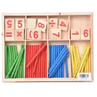 Scatola di legno con numeri e bastoncini colorati