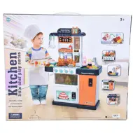 Set cucina giocattolo blu e bianco con cibi che cambiano colore, rubinetto con flusso dacqua e accessori.