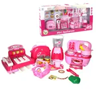 Set da cucina rosa con registratore di cassa elettrico, bancone e accessori