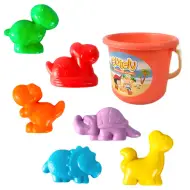 Set da spiaggia con dinosauri allegri e secchiello