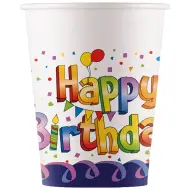 Set di 8 bicchieri di carta "Happy Birthday" arcobaleno da 200 ml