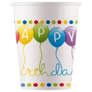 Set di 8 bicchieri di carta da 200 ml con scritta "Happy Birthday" e palloncini colorati