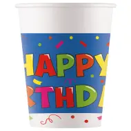 Set di 8 bicchieri di carta da 200 ml con scritta "Happy Birthday" su sfondo blu e bianco