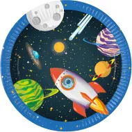 Set di 8 piatti di carta a tema avventura spaziale con motivi di pianeti e razzi.