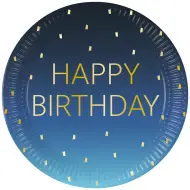 Set di 8 piatti di carta blu con la scritta "Happy Birthday" da 23 cm