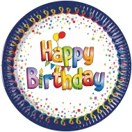 Set di 8 piatti di carta blu e bianco con la scritta "Happy Birthday"