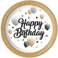 Set di 8 piatti di carta eleganti con la scritta "Happy Birthday"