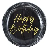 Set di 8 piatti di carta eleganti nero-oro con scritta "Happy Birthday" 23cm