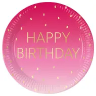 Set di 8 piatti di carta rosa con la scritta "Happy Birthday" 23 cm