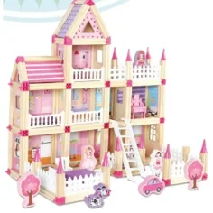 Set da gioco castello rosa in legno con accessori immagine 2