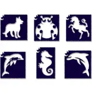 Set di stencil per tatuaggi glitterati mini animali 2, confezione da 6 pezzi
