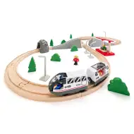 Set ferroviario in legno assemblabile con treno passeggeri e altri accessori, 45 pezzi - Woodyland