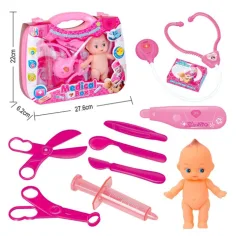 Set medico rosa con bambola e accessori in valigia immagine 2